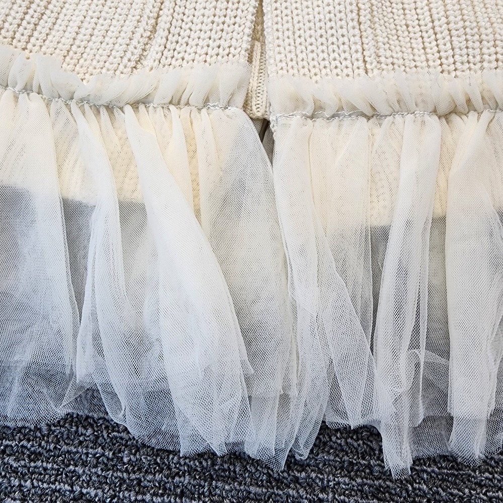 Cream Rib-Knit Open Front Cardigan Tulle Ruffle Hem Coquette Feminine Romantic - Picture 6 of 10